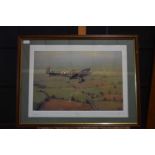 Print entitled 'Departing Piece' print of a spitfire signed Geoffery E. Lea limited edition number