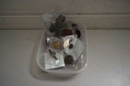 BOX CONTAINING VARIOUS BUTTONS, MILITARY PIN BADGES ETC