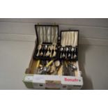 BOX CONTAINING SILVER PLATED AND STEEL CUTLERY