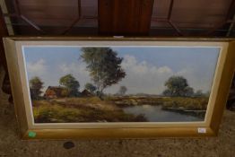 British School, (Late 20th Century), A river landscape overlooked by cottages, oil on canvas,