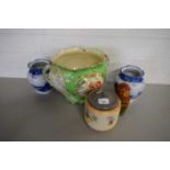 LARGE FLORAL DECORATED DOUBLE HANDLED JARDINIERE, SET OF RUSSIAN DOLLS, BLUE AND WHITE STORAGE