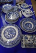QUANTITY OF VARIOUS WILLOW PATTERN AND OTHER BLUE AND WHITE TABLE WARES