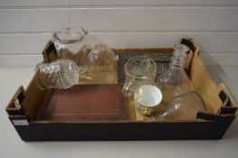 BOX OF MIXED ITEMS TO INCLUDE 19TH CENTURY DECANTERS, MOUSTACHE CUP, FURTHER GLASS WARES, BRASS