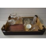 BOX OF MIXED ITEMS TO INCLUDE 19TH CENTURY DECANTERS, MOUSTACHE CUP, FURTHER GLASS WARES, BRASS