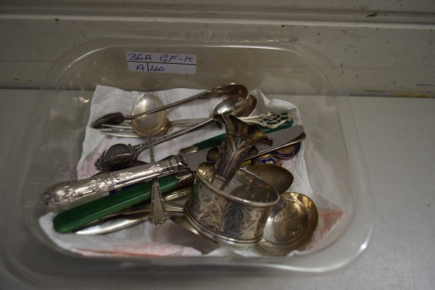 BOX OF MIXED CUTLERY, SMALL STEM VASE, NAPKIN RING ETC