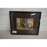 SMALL COLOURED PRINT, 19TH CENTURY INTERIOR SCENE WITH MOTHER READING TO CHILDREN, F/G