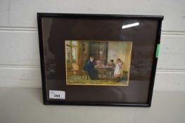 SMALL COLOURED PRINT, 19TH CENTURY INTERIOR SCENE WITH MOTHER READING TO CHILDREN, F/G