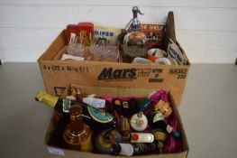 TWO BOXES CONTAINING VARIOUS MINIATURE SPIRIT BOTTLES, CRYSTAL WINE GLASSES, SODA SIPHON, ASHTRAYS