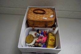 BOX OF VARIOUS COSTUME JEWELLERY, PEG DOLLS ETC