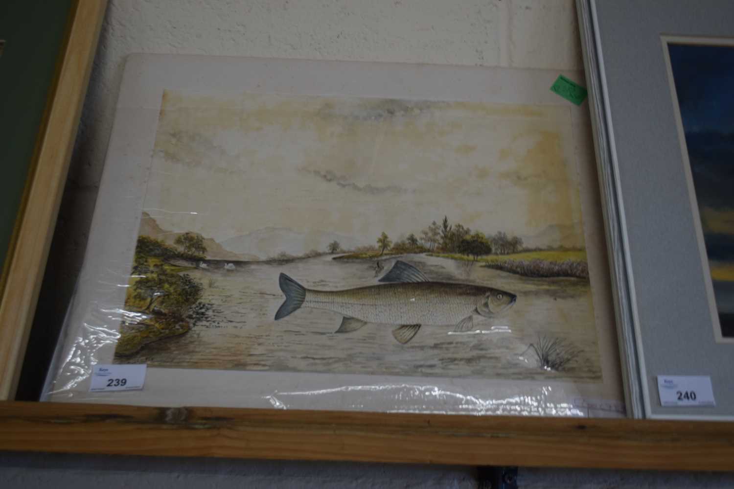 W TEMPLE, STUDY OF A RIVER SCENE WITH FISH IN FOREGROUND, WATERCOLOUR, MOUNTED ON CARD BACKING
