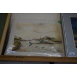 W TEMPLE, STUDY OF A RIVER SCENE WITH FISH IN FOREGROUND, WATERCOLOUR, MOUNTED ON CARD BACKING