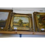 CONTEMPORARY STUDY, HARVEST SCENE WITH FIGURES AND HORSES, GILT FRAMED, CARVERS AND GILDERS LABEL TO