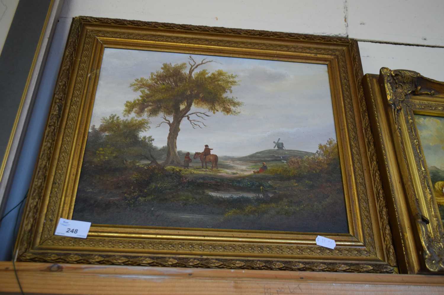 20TH CENTURY SCHOOL STUDY OF FIGURES ON A COUNTRY LANE, OIL ON BOARD, UNSIGNED, GILT FRAMED