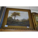 20TH CENTURY SCHOOL STUDY OF FIGURES ON A COUNTRY LANE, OIL ON BOARD, UNSIGNED, GILT FRAMED