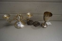 MIXED LOT : SMALL SILVER TROPHY CUP, SMALL STERLING SILVER CANDELABRA WITH LOADED BASE AND A PAIR OF