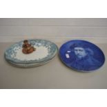 CONTEMPORARY DELFT WALL CHARGER TOGETHER WITH TWO FURTHER MEAT PLATES AND AN OIL LAMP