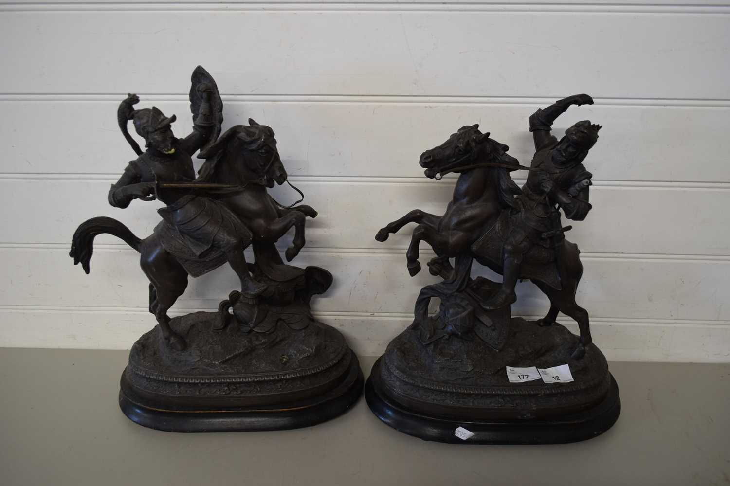 PAIR OF BRONZED SPELTER MODELS OF GLADIATORS ON HORSEBACK