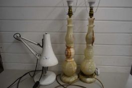 PAIR OF 20TH CENTURY POLISHED ONYX TABLE LAMPS AND A FURTHER ANGLE POISE TYPE DESK LAMP (3)