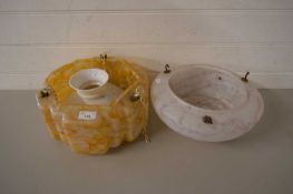 TWO MARBLED GLASS CEILING LIGHT SHADES AND A FURTHER OIL LAMP SHADE