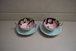 PAIR OF PARAGON ROSE DECORATED CUPS AND SAUCERS QUEEN MARY DOUBLE STAMPED