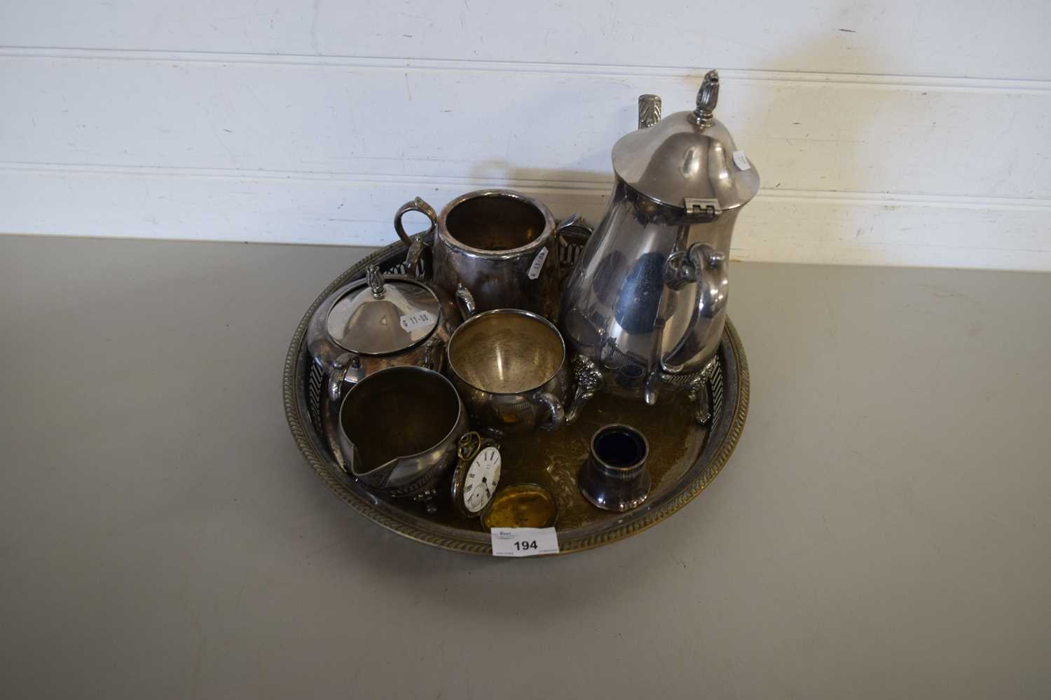 SILVER PLATED TRAY CONTAINING TEA WARES AND A BASE METAL POCKET WATCH