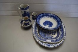 QUANTITY OF BLUE AND WHITE MEAT PLATES, JUGS ETC