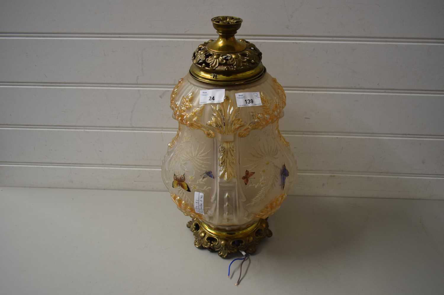 HAND PAINTED OPAQUE GLASS AND BRASS MOUNTED HANGING CEILING LIGHT FITTING