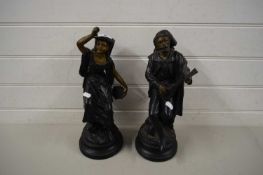 PAIR OF CONTINENTAL BLACK GLAZED CERAMIC FIGURES OF LUTE AND TAMBOURINE PLAYERS