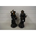 PAIR OF CONTINENTAL BLACK GLAZED CERAMIC FIGURES OF LUTE AND TAMBOURINE PLAYERS