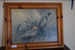 MODERN OLEOGRAPH PRINT OF A COCK PHEASANT, FRAMED, 51CM WIDE