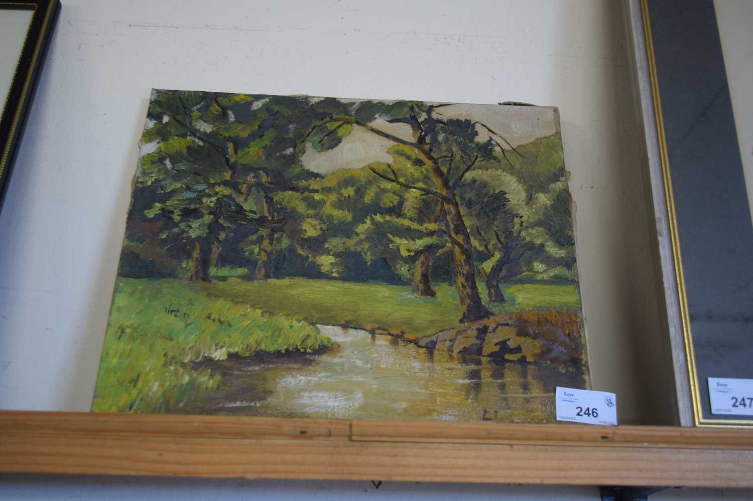 EARLY 20TH CENTURY SCHOOL, STUDY OF A RIVER WITH TREES, INITIALLED 'LI', OIL ON CANVAS, UNFRAMED