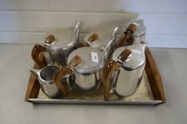 PICQUOT WARE TRAY AND TEA POTS, HOT WATER JUG AND CREAM JUG