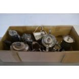 BOX CONTAINING SILVER PLATED TEA WARES, CUTLERY ETC