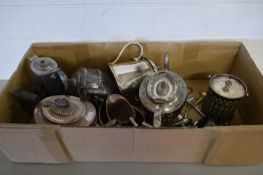 BOX CONTAINING SILVER PLATED TEA WARES, CUTLERY ETC