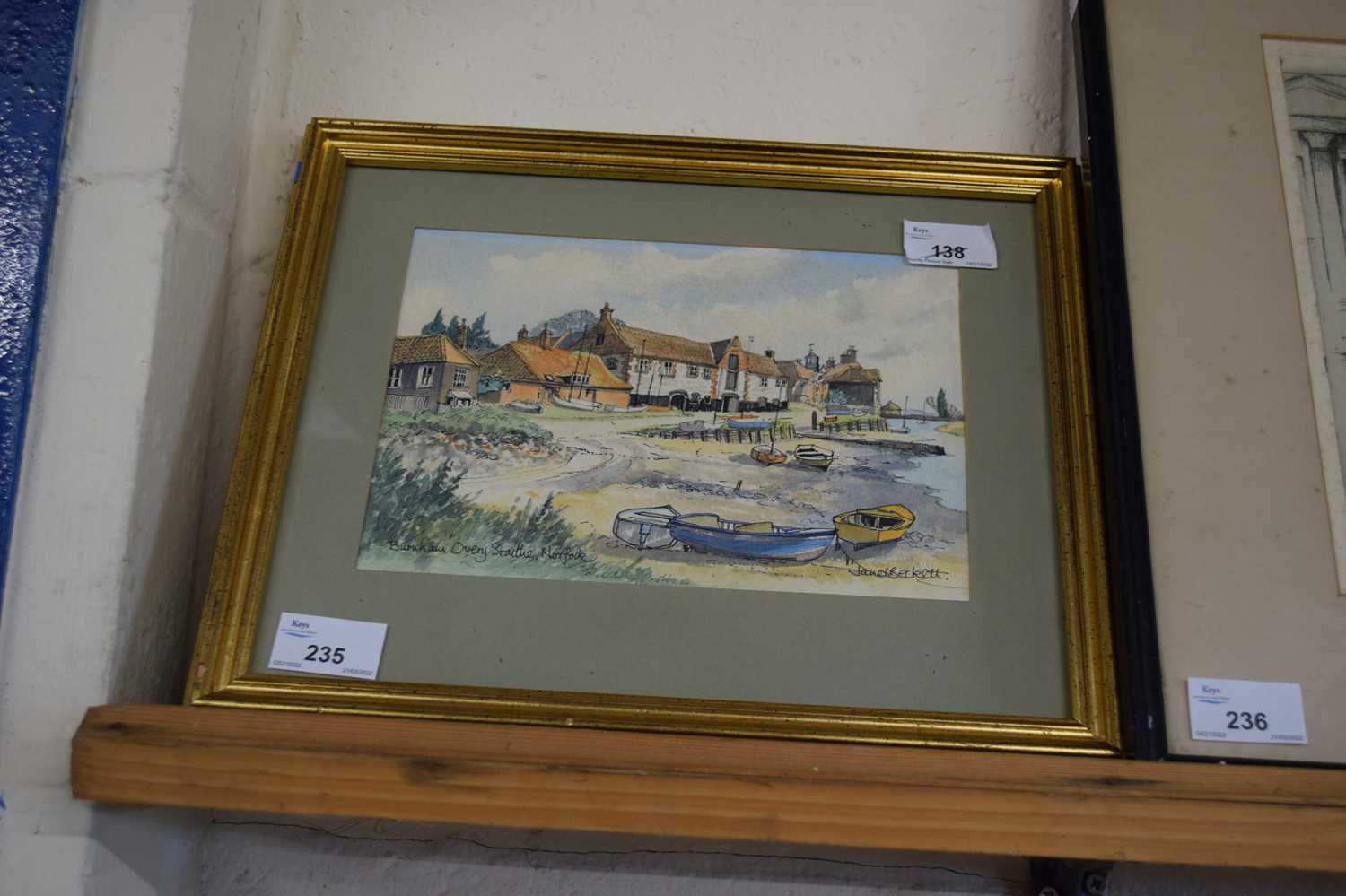 Janet Beckett (British, contemporary), Burnham Overy, Staithe, Norfolk, watercolour, signed, 6x9