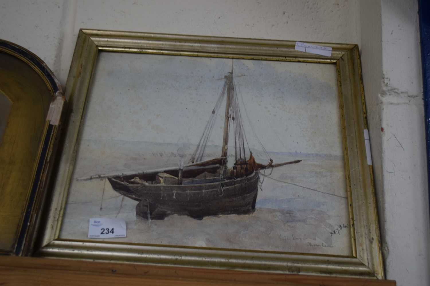 19TH CENTURY SCHOOL, STUDY OF A MOORED BOAT 'THE DOVE, THORNHAM', WATERCOLOUR, F/G