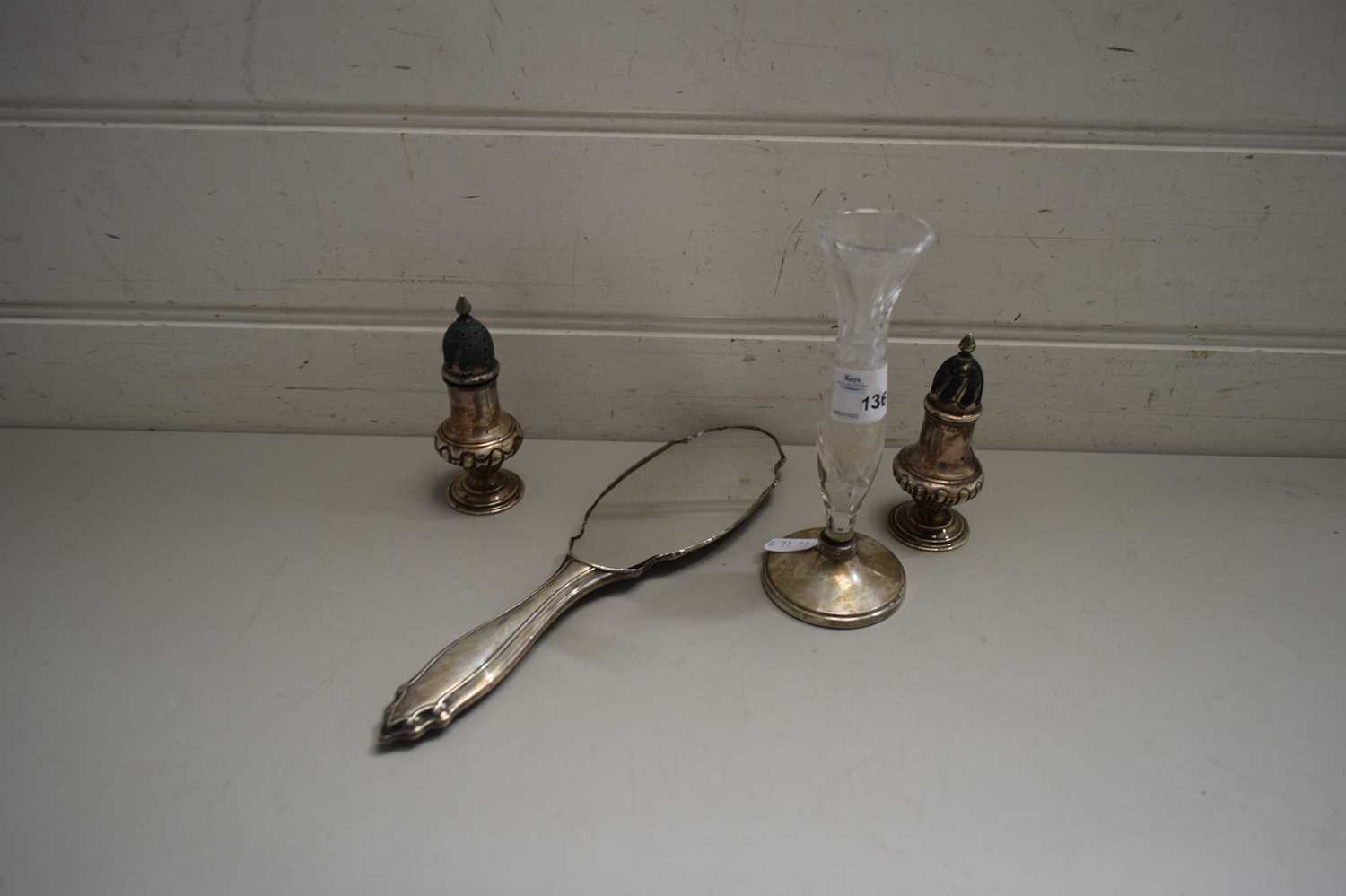 MIXED LOT COMPRISING SILVER BACKED HAND MIRROR, TWO SMALL SILVER PEPPER POTS AND A GLASS STEM