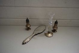 MIXED LOT COMPRISING SILVER BACKED HAND MIRROR, TWO SMALL SILVER PEPPER POTS AND A GLASS STEM