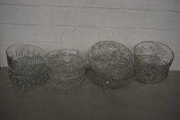 SELECTION OF NINE VARIOUS 20TH CENTURY CLEAR CUT GLASS BOWLS, VARIOUS DESIGNS