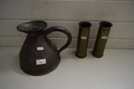 COPPER HAYSTACK MEASURE TOGETHER WITH A PAIR OF TRENCH ART VASES (3)