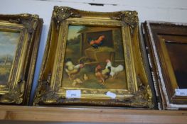 CONTEMPORARY SCHOOL, STUDY OF CHICKENS AND A WHEELBARROW, GILT FRAMED, CARVERS AND GILDERS LABEL