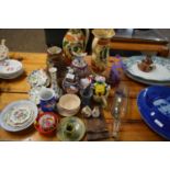 MIXED LOT: CERAMICS TO INCLUDE 19TH CENTURY DOULTON LAMBETH JUG, VASES, PIN DISHES, JUGS, GLASS