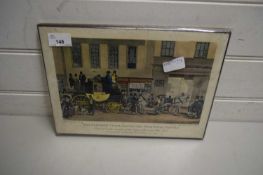 COLOURED PRINT 'THE BLENHEIM COACH LEAVING THE STAR HOTEL, OXFORD', MOUNTED ON A BOARD BACK