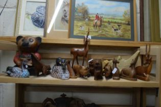 QUANTITY OF CARVED WOODEN ANIMALS INCLUDING DUCKS, DEER, RHINO ETC