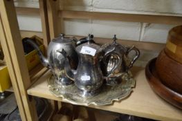 PLATED TRAY WITH TEA SET, COFFEE POT, TEA POT, ETC