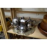 PLATED TRAY WITH TEA SET, COFFEE POT, TEA POT, ETC