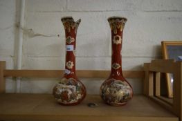 PAIR OF JAPANESE SATSUMA WARE VASES, 30CM HIGH, ONE WITH CHIP TO RIM