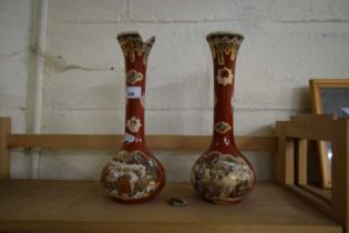 PAIR OF JAPANESE SATSUMA WARE VASES, 30CM HIGH, ONE WITH CHIP TO RIM