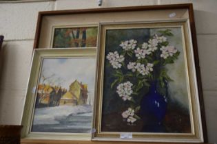OIL ON BOARD, STILL LIFE OF VASE AND FLOWERS, SIGNED VERA EAREY, TOGETHER WITH TWO FURTHER PICTURES
