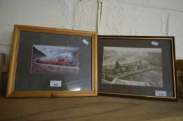 COLOURED PRINT OF A STEAM ENGINE IN LIGHT WOOD FRAME, TOGETHER WITH A FURTHER BLACK AND WHITE